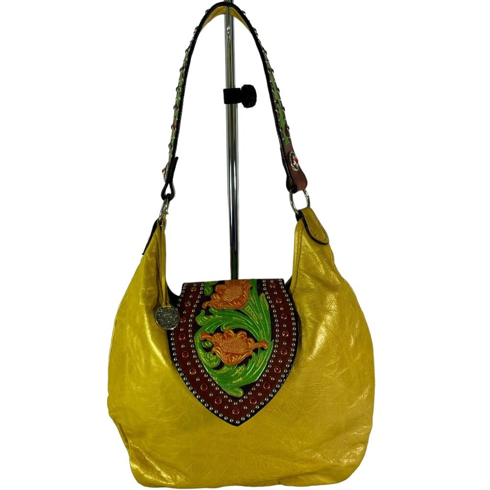 DOUBLE J SADDLERY Yellow Leather Studded Crystal Tooled Hobo Tote Shoulder Bag